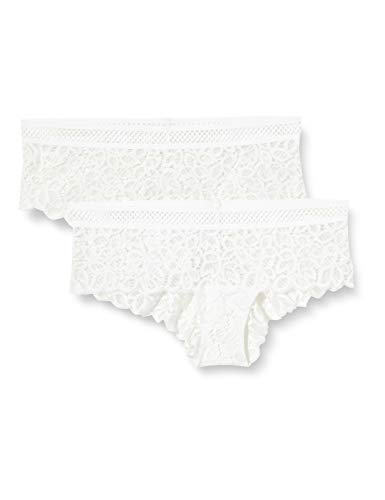 Marca Amazon - IRIS & LILLY Culotte de Crochet y Encaje Mujer, Pack de 2, Blanco (White), L, Label: L