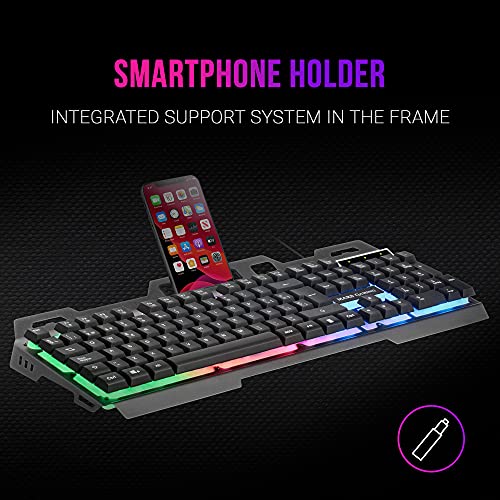 MARSGAMING MK120ES, Teclado Gaming FRGB, Aluminio, Antighosting, Soporte Smartphone, Español, Gris y Negro