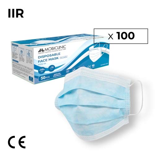 Mascarillas Quirúrgicas IIR, 100 uds, Mobiclinic, Marca Española, Mascarillas médicas homologadas, 3 capas, Alta eficiencia filtración bacteriana 99,8%, norma EN 14683:2019, Marcado CE