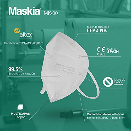 MASKIA Mascarilla FFP2. Packs 20, 50, 100 Homologadas CE 0161. Mascarilla FFP2 Blancas con Alta eficiencia Filtración de Partículas(99,5%), Packs Individuales Transpirables. LIBRES DE GRAFENO (100)