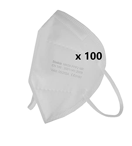 MASKIA Mascarilla FFP2. Packs 20, 50, 100 Homologadas CE 0161. Mascarilla FFP2 Blancas con Alta eficiencia Filtración de Partículas(99,5%), Packs Individuales Transpirables. LIBRES DE GRAFENO (100)