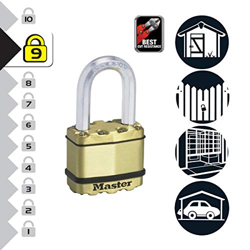 MASTER LOCK Candado Alta Seguridad [Llaves] [Acero Laminado y Acabado en Latón] [Exterior] [Arco M] [Lote de 2] M5BEURTLF - Ideal para Portales, Garages, Sótanos