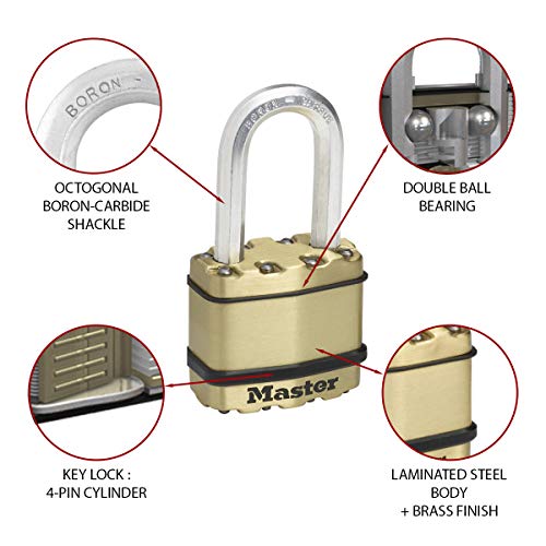 MASTER LOCK Candado Alta Seguridad [Llaves] [Acero Laminado y Acabado en Latón] [Exterior] [Arco M] [Lote de 2] M5BEURTLF - Ideal para Portales, Garages, Sótanos