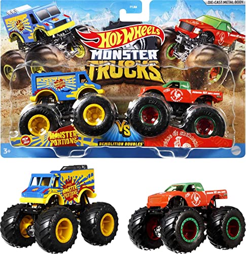 Mattel - Hot Wheels Monster Truck Duos FYJ64 de Demolición, modelos aleatorios, paquete de 2, modelos surtidos