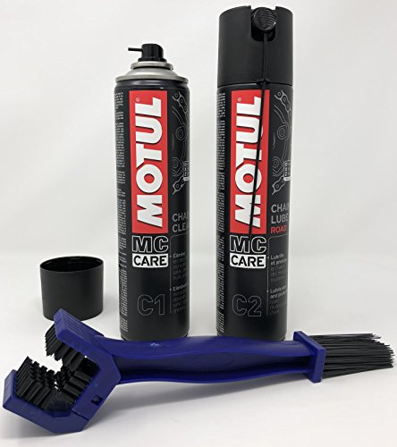 MC CARE Mantenimiento Cadena - Motul C1 Chain Clean 400 ml + Motul C2 Chain Lube Road 400 ml + Cepillo