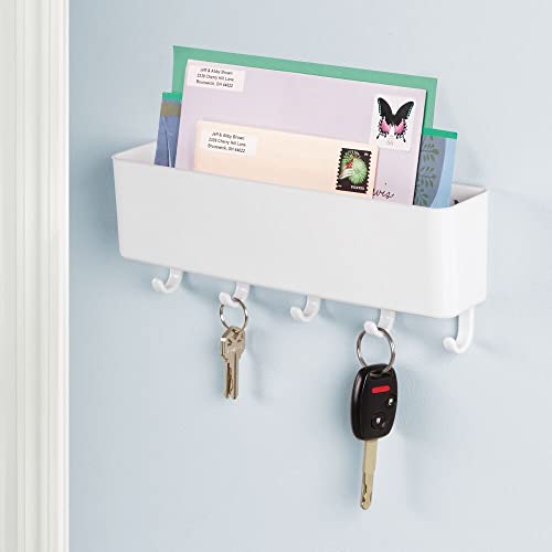 mDesign Colgador de llaves con repisa - Estante de pared para ordenar llaves con 5 ganchos - Moderno cuelga llaves con organizador de cartas, lentes, celulares y más - blanco