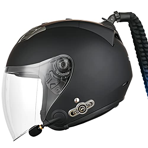 Medio Abierto Casco de Moto con Bluetooth Integrado,con Visera Y Trenzas Casco De Personalidad ECE Homologado Casco Moto Jet Scooter para Mujer Hombre,con un Micrófono Incorporado C,XXL=63~64cm