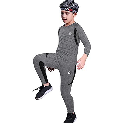 MeetHoo Conjunto Ropa Interior Termica para Niños Camisetas Termicas Deportivas Manga Larga Decathlon Pantalon Termico Futbol Niño de Esquí Forro de Lana para Correr (Gris, L/155-165cm)