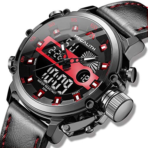 MEGALITH Relojes Hombre Digitales Militar Relojes Grandes LED Reloj de Pulsera Analogico Digital Deportivo Relojes de Hombre Cuero Impermeable Electrónico Cronometro Calendario - Negro Rojo