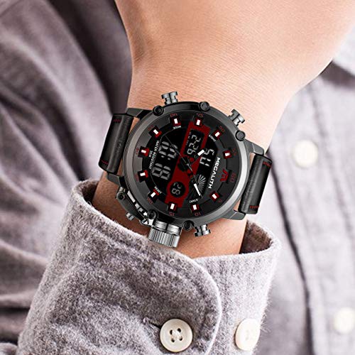 MEGALITH Relojes Hombre Digitales Militar Relojes Grandes LED Reloj de Pulsera Analogico Digital Deportivo Relojes de Hombre Cuero Impermeable Electrónico Cronometro Calendario - Negro Rojo