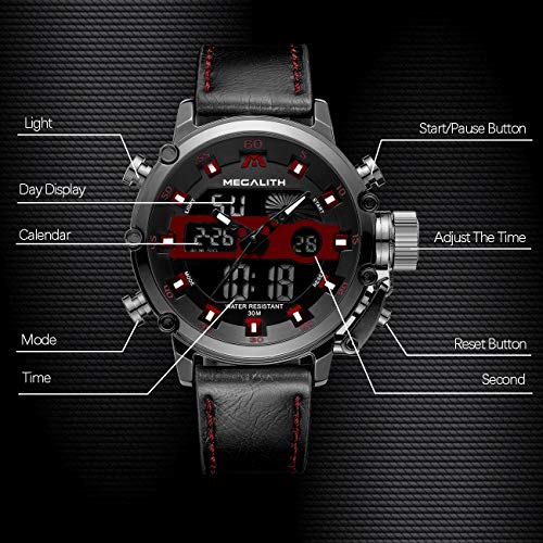 MEGALITH Relojes Hombre Digitales Militar Relojes Grandes LED Reloj de Pulsera Analogico Digital Deportivo Relojes de Hombre Cuero Impermeable Electrónico Cronometro Calendario - Negro Rojo