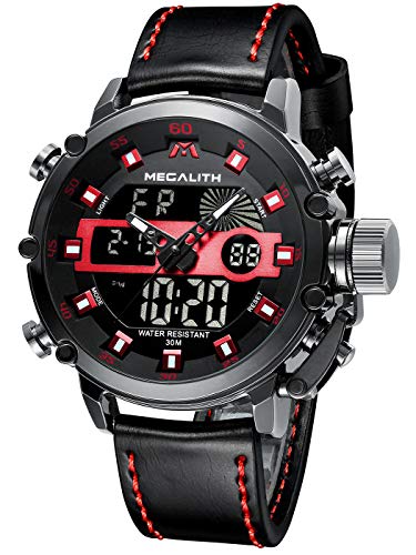 MEGALITH Relojes Hombre Digitales Militar Relojes Grandes LED Reloj de Pulsera Analogico Digital Deportivo Relojes de Hombre Cuero Impermeable Electrónico Cronometro Calendario - Negro Rojo