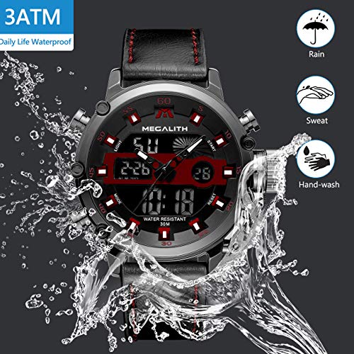 MEGALITH Relojes Hombre Digitales Militar Relojes Grandes LED Reloj de Pulsera Analogico Digital Deportivo Relojes de Hombre Cuero Impermeable Electrónico Cronometro Calendario - Negro Rojo