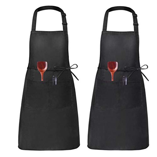 Meiruier Adult Polyester Kitchen Apron Restaurant Barbecue with Adjustable Belt Neck 2 Pockets for Cooking Cooking Gardening for Men Woman Waterproof and Oil Resistant (2pcs Black)