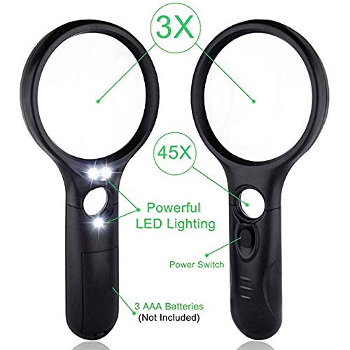 Meowoo Lupa de Mano con Luz Led,3X 45X Portátil Lupas para Lectura,Inspección,Observar Joyas,Manualidades, Con Bolsa de Almacenamiento, Negro 1pc