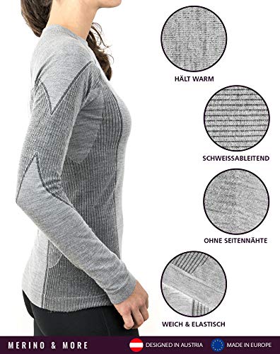 Merino & More Ropa interior de esquí para mujer Merino, camiseta interior funcional de lana merino, manga larga, gris claro, S
