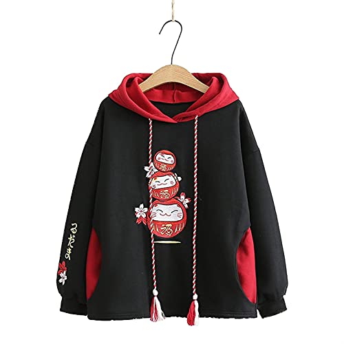 Mfacl Sudaderas con Capucha Sudadera Ropa 2021 Ropa de Invierno Bordado de Dibujos Animados japonés Peluche Caliente Color Suelto Color Coincidencia suéter con Capucha Ropa de Mujer