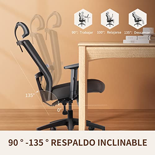 mfavour Silla de Oficina, Silla de Escritorio ergonómica de Malla con Soporte Lumbar, Reposacabezas Ajustable, Reposabrazos, Respaldo, Silla Ergonomica Giratoria Ejecutiva para computadora, Negro