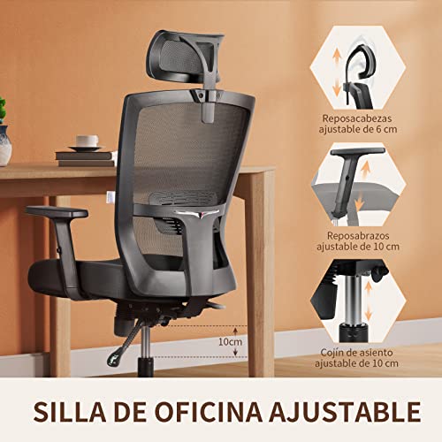 mfavour Silla de Oficina, Silla de Escritorio ergonómica de Malla con Soporte Lumbar, Reposacabezas Ajustable, Reposabrazos, Respaldo, Silla Ergonomica Giratoria Ejecutiva para computadora, Negro