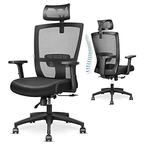 mfavour Silla de Oficina, Silla de Escritorio ergonómica de Malla con Soporte Lumbar, Reposacabezas Ajustable, Reposabrazos, Respaldo, Silla Ergonomica Giratoria Ejecutiva para computadora, Negro