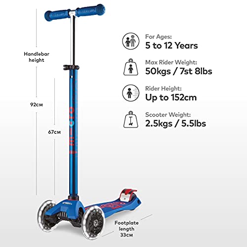 Micro® Maxi Deluxe LED, Patinete 3 Ruedas LED, 5-12 Años, Peso 2,5kg, Carga Máx 70Kg, Altura 67-91 cm, Plataforma Antideslizante Polipropileno (Flexible, Alta Resistencia) (Azul)