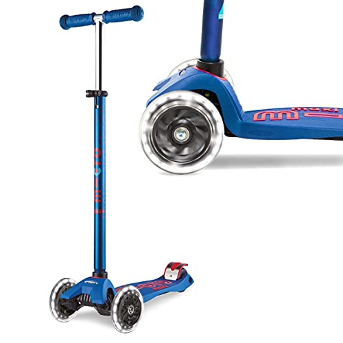 Micro® Maxi Deluxe LED, Patinete 3 Ruedas LED, 5-12 Años, Peso 2,5kg, Carga Máx 70Kg, Altura 67-91 cm, Plataforma Antideslizante Polipropileno (Flexible, Alta Resistencia) (Azul)