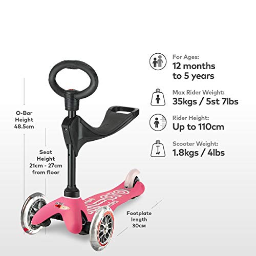 Micro® Mini 3en1 Deluxe. Patinete evolutivo 3 Ruedas, 1,5 - 5 años, Manillar Regulable 48-68cm, Asiento de Aprendizaje. (Rosa)