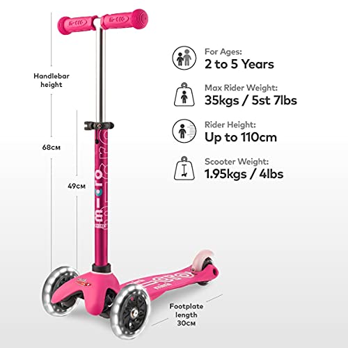 Micro® Mini Deluxe LED, Original Design 2-5 Años, Peso 1,95kg, Carga Máx 50Kg, Altura 48-68 cm, Patinete 3 Ruedas con iluminación LED, Rodamientos ABEC9, Plataforma Antideslizante (Única, Rosa)