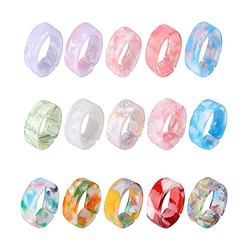 Mikqky 15 Piezas Anillos de Dedo de Diamantes Retro, Anillos Gruesos de Colores, Anillos de Plástico Retro, Conjunto de Anillos de Resina, para Joyería Linda Fiesta Niñas