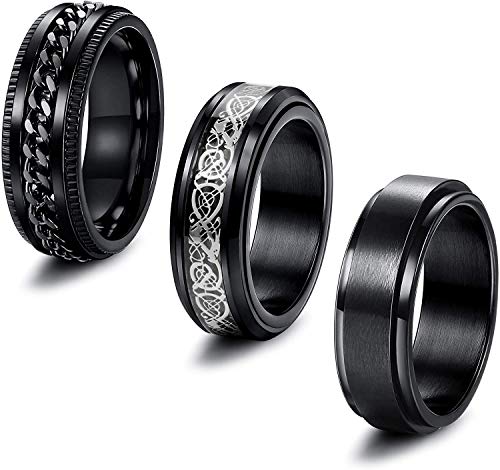 MILACOLATO - Juego de 3 Anillos de Acero Inoxidable Negro Fidget Spinner para Hombres Mujeres Anillos de Boda Geniales Anillos de 8 mm de Ancho con Diseño de Dragón Celta Bordes Biselados