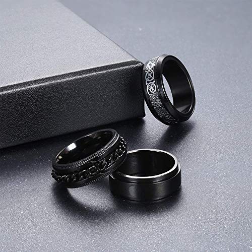 MILACOLATO - Juego de 3 Anillos de Acero Inoxidable Negro Fidget Spinner para Hombres Mujeres Anillos de Boda Geniales Anillos de 8 mm de Ancho con Diseño de Dragón Celta Bordes Biselados