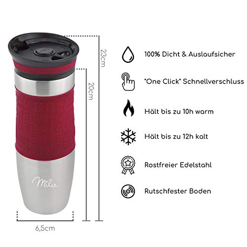 Milu Taza aislante de café y té para llevar 370ml 450ml - 100% a prueba de fugas - Taza de acero inoxidable para beber - vaso de aislamiento al vacío - Caliente y frío - Taza de viaje - (Rojo, 450ml)