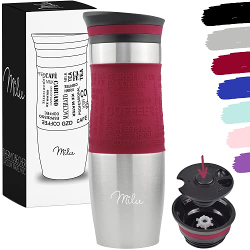 Milu Taza aislante de café y té para llevar 370ml 450ml - 100% a prueba de fugas - Taza de acero inoxidable para beber - vaso de aislamiento al vacío - Caliente y frío - Taza de viaje - (Rojo, 450ml)