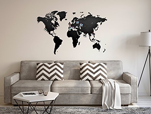 MiMi Innovations - Decoración de pared de mapa del mundo de madera de lujo 130 x 78 cm - Negro