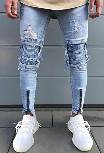 Minetom Hombre Jeans Pantalones Moda Vaqueros Rotos Slim Fit Con Parches Y Cremallera Primavera Verano Casual Cargo Pants Azul Claro EU S