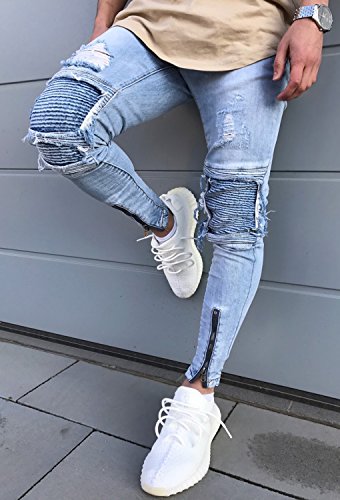 Minetom Hombre Jeans Pantalones Moda Vaqueros Rotos Slim Fit Con Parches Y Cremallera Primavera Verano Casual Cargo Pants Azul Claro EU S