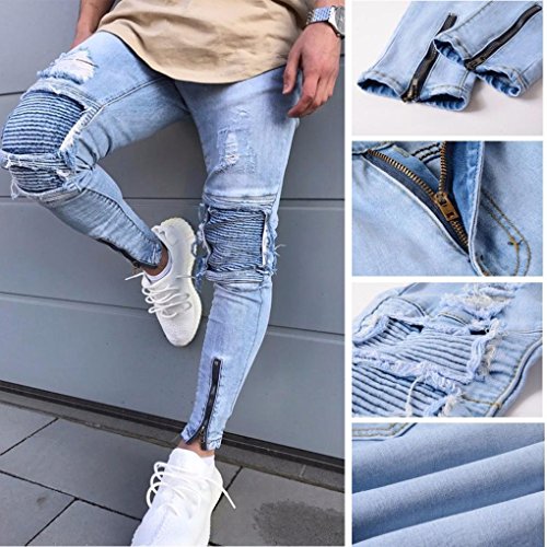 Minetom Hombre Jeans Pantalones Moda Vaqueros Rotos Slim Fit Con Parches Y Cremallera Primavera Verano Casual Cargo Pants Azul Claro EU S