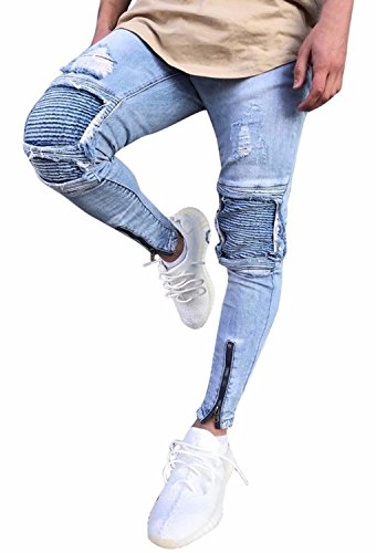 Minetom Hombre Jeans Pantalones Moda Vaqueros Rotos Slim Fit Con Parches Y Cremallera Primavera Verano Casual Cargo Pants Azul Claro EU S