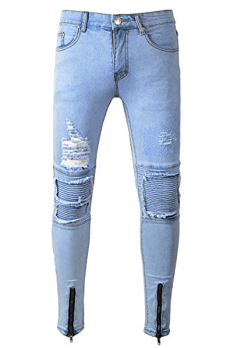 Minetom Hombre Jeans Pantalones Moda Vaqueros Rotos Slim Fit Con Parches Y Cremallera Primavera Verano Casual Cargo Pants Azul Claro EU S