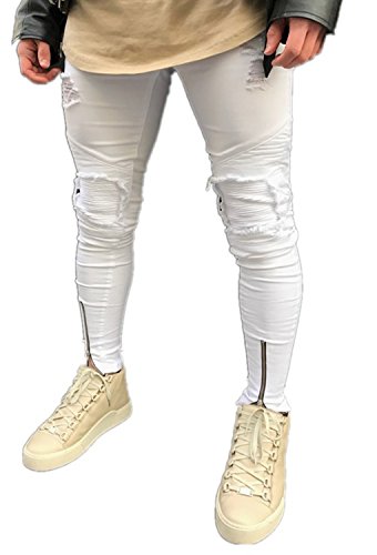 Minetom Hombre Jeans Pantalones Moda Vaqueros Rotos Slim Fit Con Parches Y Cremallera Primavera Verano Casual Cargo Pants Blanco EU L