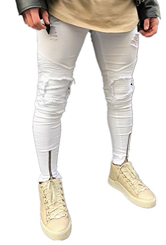 Minetom Hombre Jeans Pantalones Moda Vaqueros Rotos Slim Fit Con Parches Y Cremallera Primavera Verano Casual Cargo Pants Blanco EU L