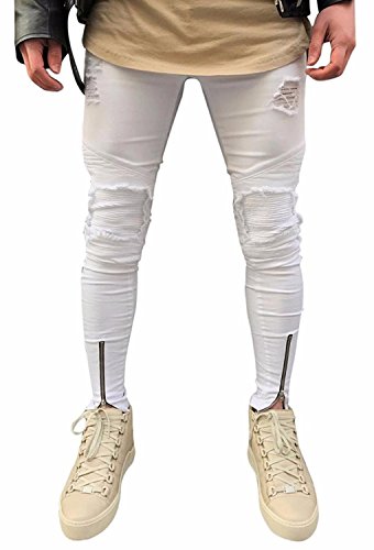 Minetom Hombre Jeans Pantalones Moda Vaqueros Rotos Slim Fit Con Parches Y Cremallera Primavera Verano Casual Cargo Pants Blanco EU L