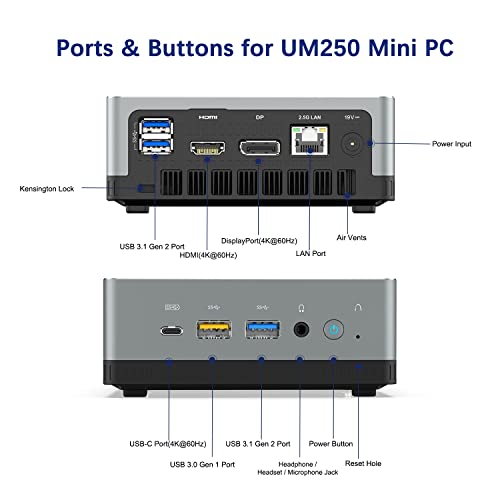 Mini PC AMD Ryzen UM250 up to 3.6 GHz | 16 GB RAM 512 GB SSD Ordenador de sobremesa | Radeon Vega 8 | Dual WiFi 4K@60Hz HDMI, DisplayPort, USB-C, 2.5" HDD Slot, 1X RJ45, 4X USB 3.1| Piccolo Formato