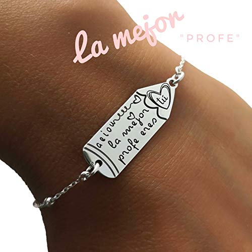 Minoplata Pulsera lápiz de Plata de Ley para la Mejor profe si buscas Regalos para profesoras de educación Infantil, Primaria, guardería, será un Recuerdo para Siempre