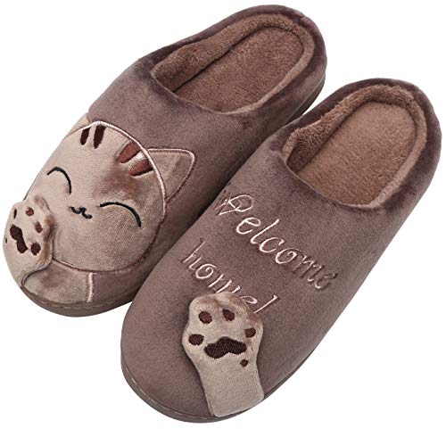 Mishansha Mujer Zapatillas de Casa Hombre Zapatillas de Estar de Invierno Cálido Felpa Dibujos Animados Gato Antideslizante Pantuflas, Cat-Marrón, 39/40 EU=40/41 CN