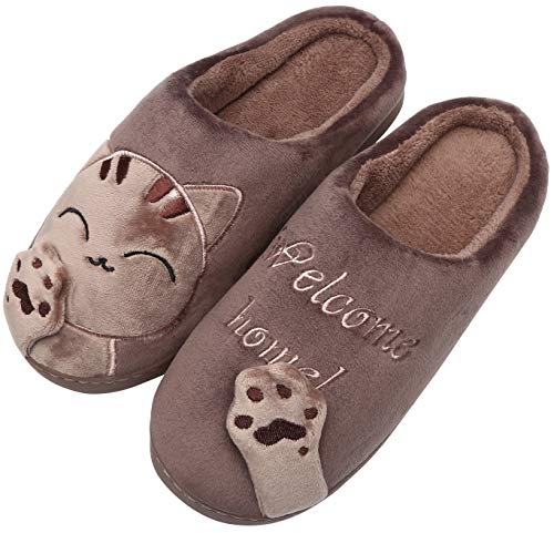 Mishansha Mujer Zapatillas de Casa Hombre Zapatillas de Estar de Invierno Cálido Felpa Dibujos Animados Gato Antideslizante Pantuflas, Cat-Marrón, 39/40 EU=40/41 CN