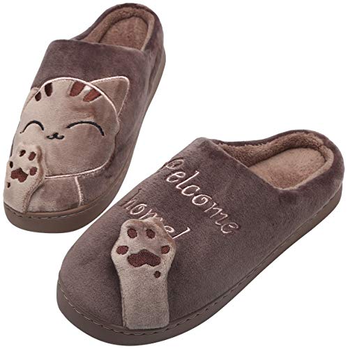 Mishansha Mujer Zapatillas de Casa Hombre Zapatillas de Estar de Invierno Cálido Felpa Dibujos Animados Gato Antideslizante Pantuflas, Cat-Marrón, 39/40 EU=40/41 CN