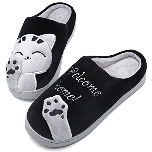 Mishansha Zapatillas de Estar en Casa Hombre Mujer Pantuflas Calentitas Cómodas Zapatillas de Casa Invierno Ligeras Antideslizante con Dibujos Animados (De Tinta Negro, 39/40 EU = 40/41 CN)