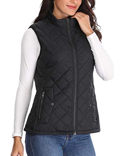 MISS MOLY Chaquetas para Mujer de Pelo Negro Puffer Chalecos Acolchados Cuello Botones Bolsillos Delanteros con Cremallera Lados - XL