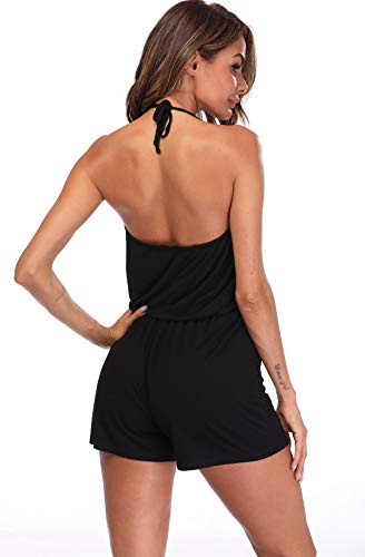 MISS MOLY Mono Mujer Traje de Verano Cuello en V Trajes de Mameluco Correa de Espagueti Sin Mangas Halterneck Jumpsuit Playsuit Negro Large